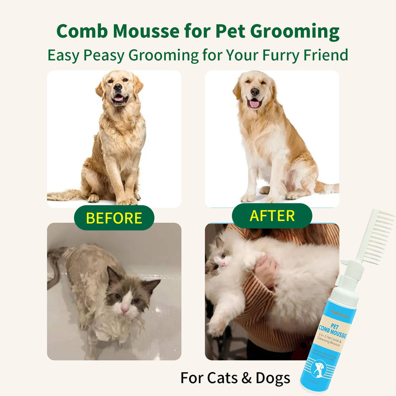 2-in-1 Pet Grooming Kit, Gentle Comb and Waterless Cleaning Mousse for Dogs and Cats, No-Rinse Foam for Fresh-Smelling, Soft, Tangle-Free Coats