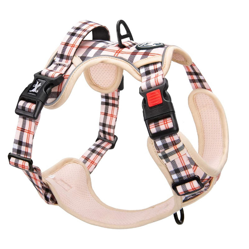 PoyPet Plaid Dog Harness, No Pull Front Clip Pet Vest Harness, Soft Padded Reflective Adjustable Walking Harness with Handle for Medium Dogs(Checkered Beige,M) Checkered Beige