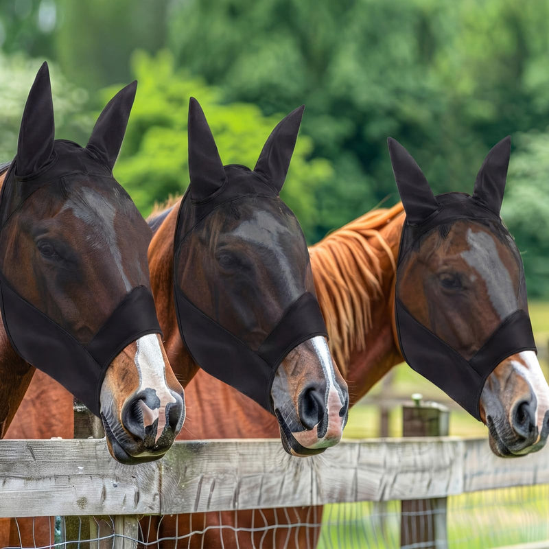 3 Pcs Derby Day Black Mesh Horse Fly Mask with Long Nose and Ears Derby Horse Accessories Smooth Elasticity Fly Mask with UV Protection for Racing Festival Competition