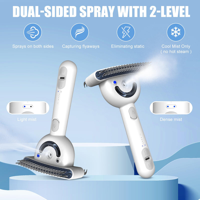 Double-Sided Pet Deshedding Dematting Comb & Steam Brush with 2 Spray Levels, Extra-Wide Detangling Undercoat Rake for Long-Hair Dogs & Cats Matted Fur, Knots, Rechargeable Grooming & Massage Tool White with Double-Sided