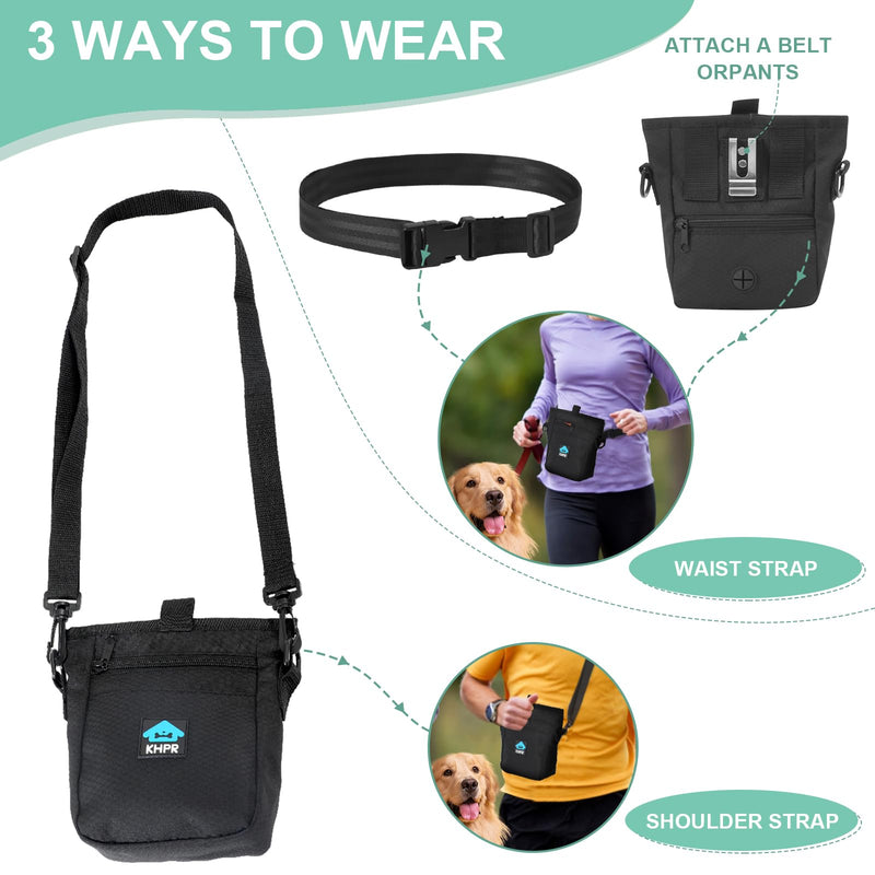Dog Treat Pouch Magnetic Closure with Training Clicker，Hands-Free Design to Prevent Spills，Built in Poop Bag Dispenser，3 Ways To Wear，Metal Clip Waist Belt and Fanny Pack for Pet Walking（Black） Black - PawsPlanet Australia