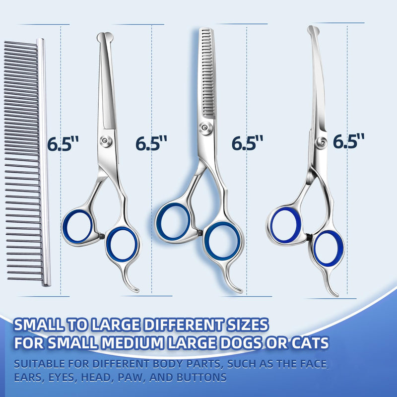 Dog Scissors, 6.7 Inch Stainless Steel Dog Grooming Scissor Kit with Safety Round Tips, Pets Grooming Shears with Thinning Shears & Curved Scissors for Pet Hair Fur Care