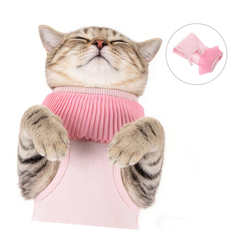 Breathable recovery suit for cats made of modal fabric. Easy on and off. Prevents licking and scratching of wounds. For postoperative recovery. In pink, size S.