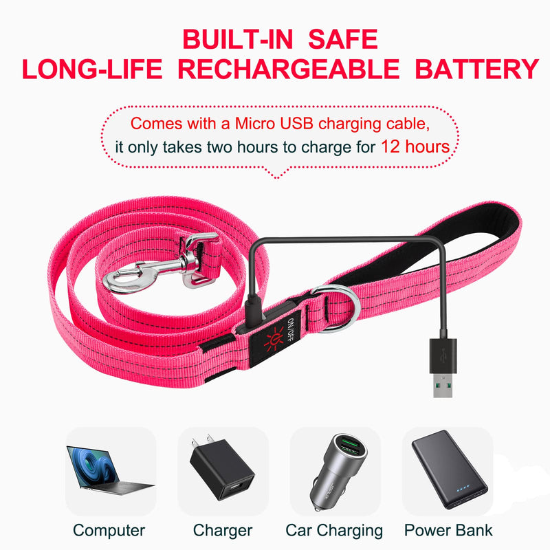 Led Dog Leash, 4 Ft Light Up Dog Leash Rechargeable Waterproof, Nylon Reflective Leashes with Padded Handle for Night Walking, Safety Glow in The Dark Dog Leash for Large Medium Small Pets Pink - PawsPlanet Australia