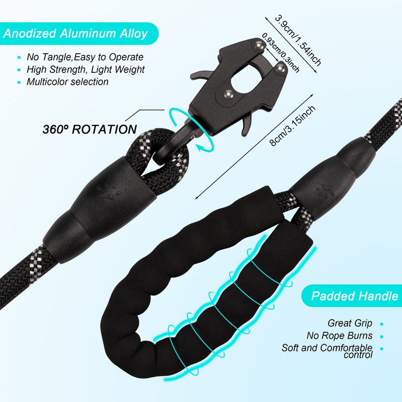 2/4/5/6FT Dog Leash, Heavy Duty Dog Rope Leash, Reflective Nylon Pet Leash with Aluminum Quick Release/Locking Tactical Frog Clip for Small Medium and Large Dogs 1/2'' x 5 FT (18~120 lbs.) Black - PawsPlanet Australia