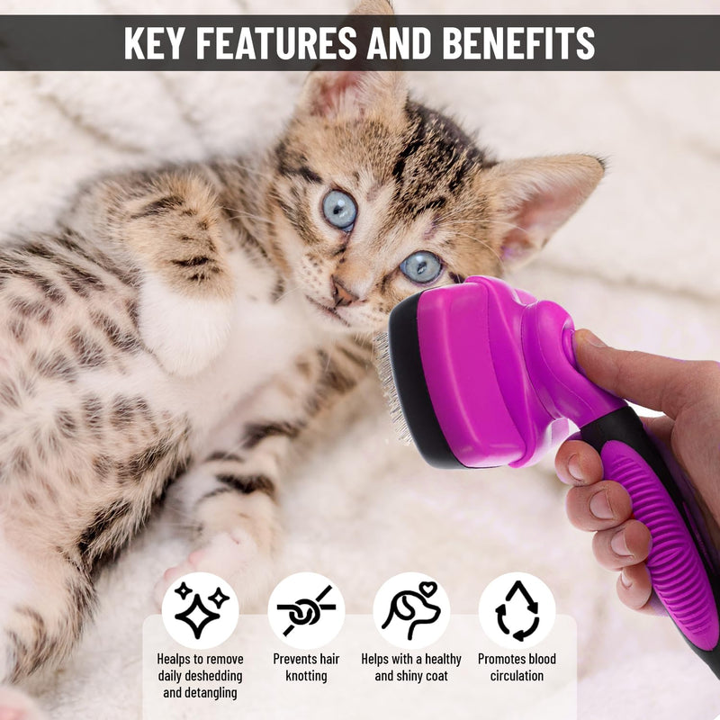 Self Cleaning Slicker Brush for Cat and Dog Coat - Detangler Dog Brush for Shedding & Grooming - Super Easy to Clean Deshedding Grooming Tool Removes Loose Pet Hair, Mats and Tangles (Pink) Pink