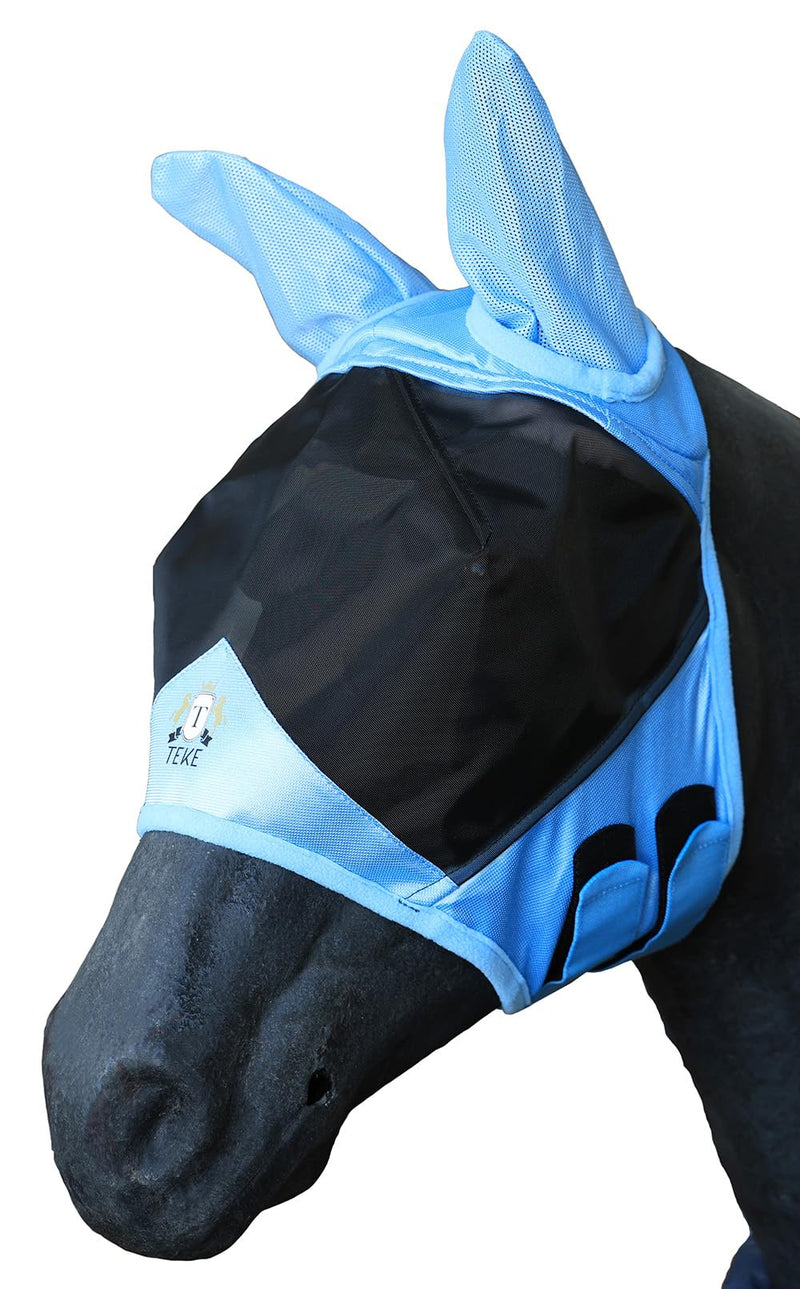 T TEKE Fine Mesh Horse Fly Mask w/Ears, UV Blocking 3D Eye Visor with Extra Fleece Cushioned Forehead, Protection from Insect Pests Full Blue