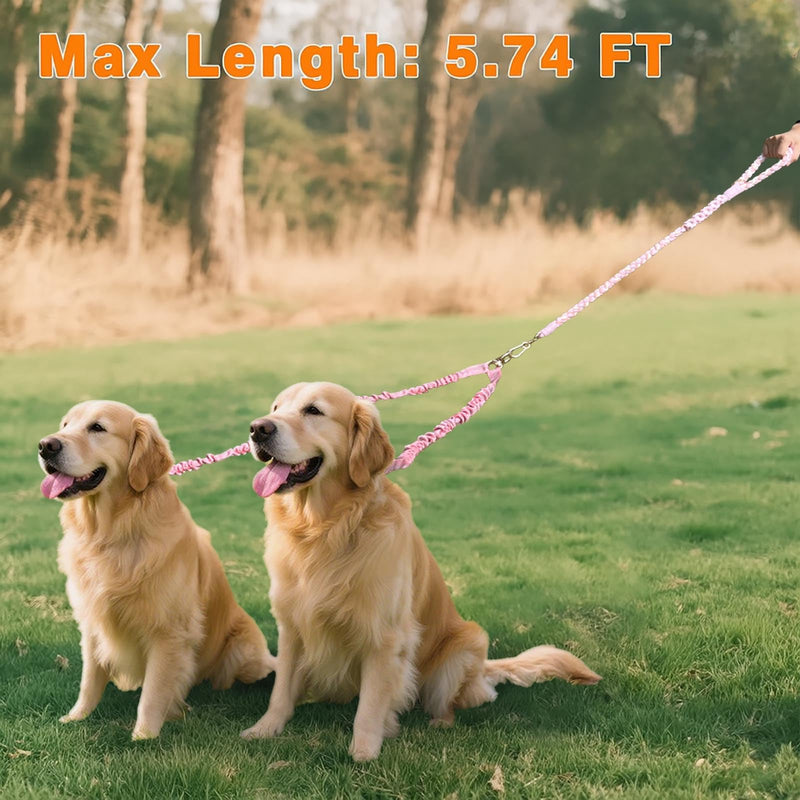 Double Dog Leash – Tangle-Free Dual Leash with 360° Swivel, Shock Absorbing Bungee, Reflective Stitching & Hand-Braided Main Rope (Supports Up to 440 lbs, Pink) - PawsPlanet Australia