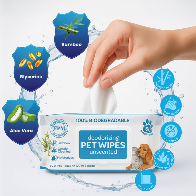 FPN Pet Cleaning Wipes – Unscented Bamboo Grooming Wipes for Dogs & Cats – No Alcohol or No Harsh Chemicals – Soft – 7x8 in (4 CT) 4 CT - PawsPlanet Australia
