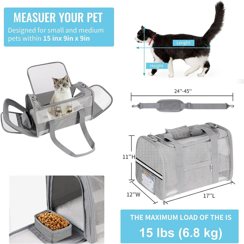 Cat Carrier Pet Carrier for Small Dogs Cats Puppies Under 15 Lbs, TSA Airline Approved Carrier Bag Soft Sided Dog Travel Carriers, Cat Carriers with Reflective Strip, Grey GrayA - PawsPlanet Australia
