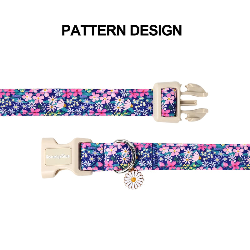 Lionet Paws Floral Dog Collar- Cute Spring Wildflowers Daisy Fleabane Dog Collars with Plastic Buckle, Light Adjustable Dog Collars for Medium Dogs Medium (Pack of 1) Blossoms - PawsPlanet Australia