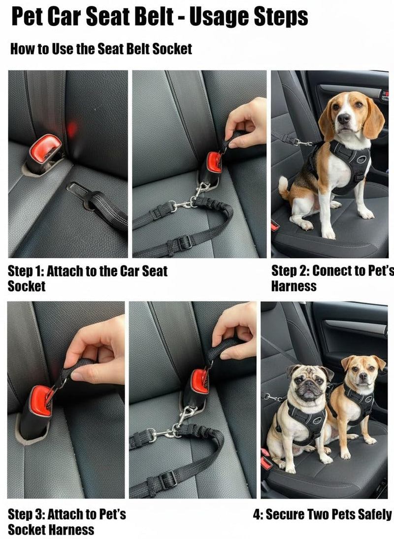 Double Dog Seat Belt for Car - No Tangle Dual Dog Leash with Elastic Bungee, Adjustable Reflective Pet Safety Car Seatbelt Restraint Tether for Two Dogs - PawsPlanet Australia