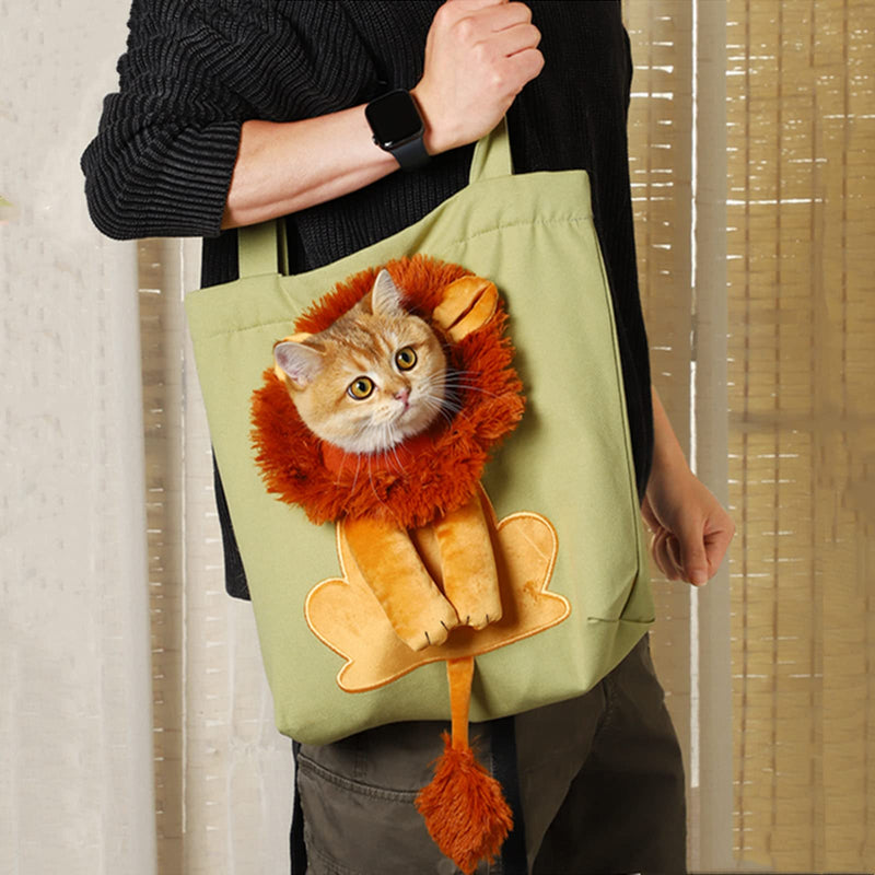 Dog Tote Bag with Zipper Cat Shoulder Carrier Lion-Shaped Pet Canvas Bag for Daily Use Walking Travel (L, Light Green) L: 17.32x15.75 Inches