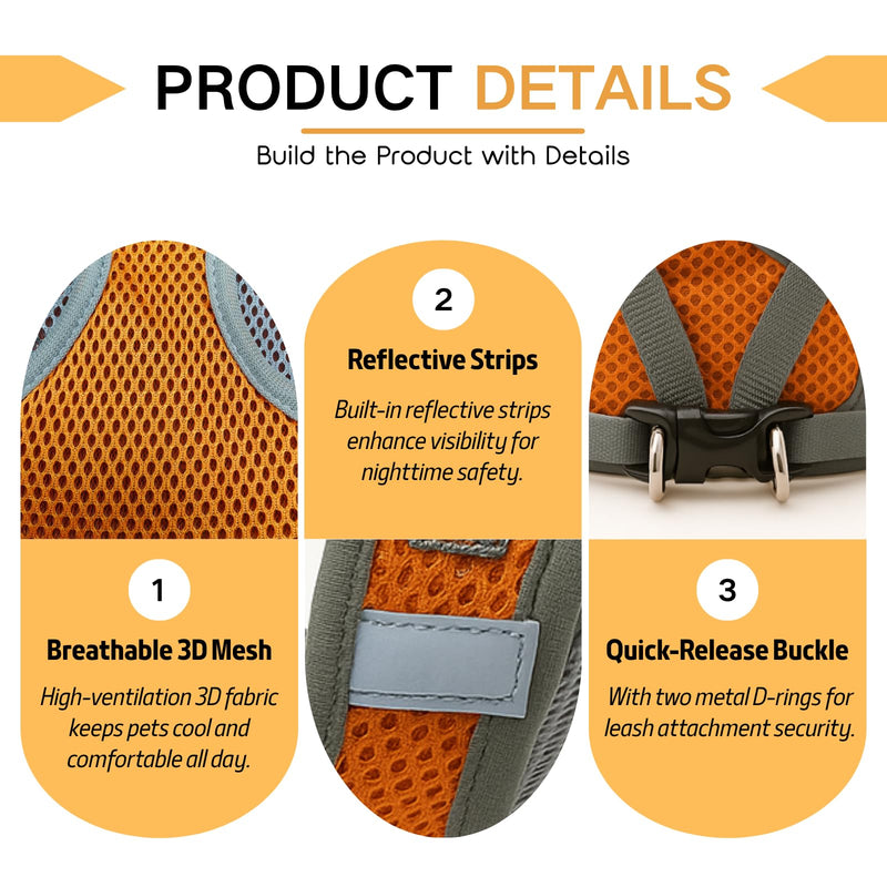 Small Dog Harness and Leash Set, Adjustable Step-in Dog Harness with Back Clip, Reflective Escape Proof Easy Walk Dog Harness for Small Sized Dog, Puppy, Cats (OrangeGrey M) Orange+Grey - PawsPlanet Australia