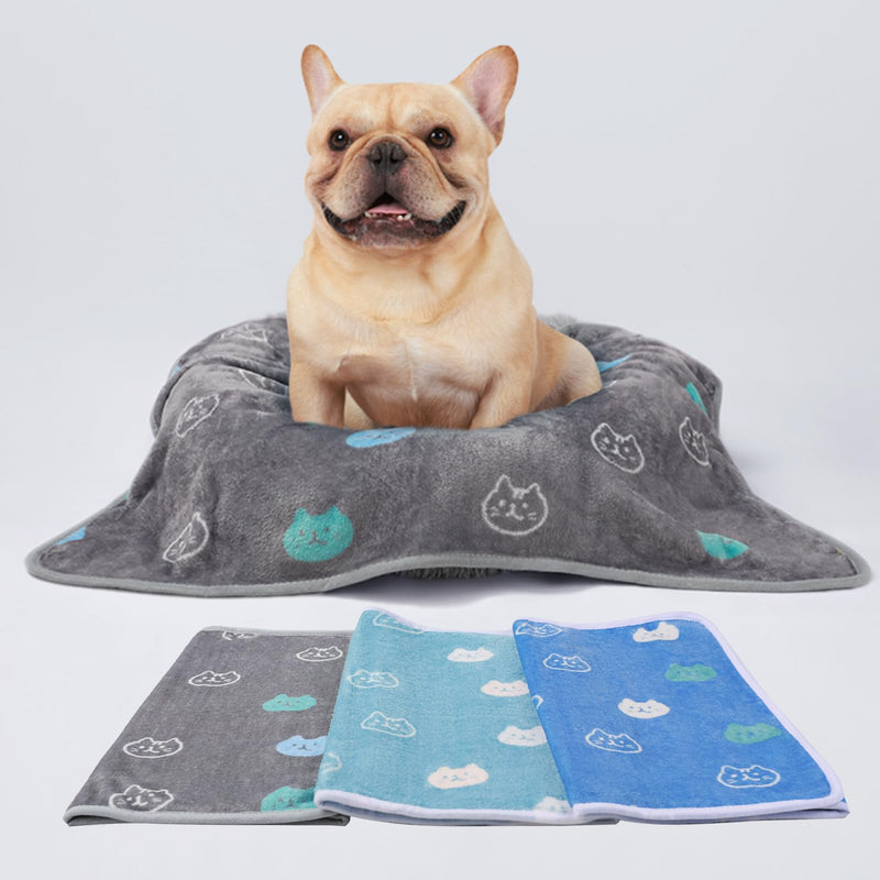 1 Pack 3 Blankets Super Soft Fluffy Premium Cute Cat Pattern Pet Blanket Flannel Throw for Dog Puppy Kitten Blue/Cyan/Grey Large(41x31 inch) 41x31 inch (Pack of 3) - PawsPlanet Australia