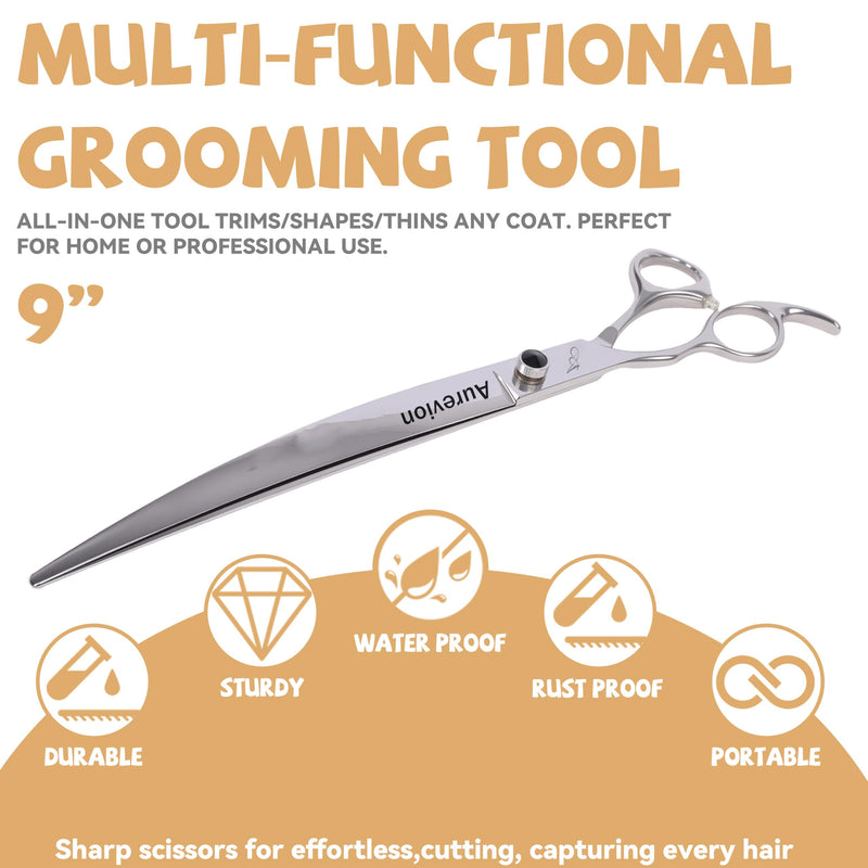 Metal 9 In Curved Grooming Scissors for Dogs and Cats,Aurevion 30-Degree Curves Shears for Hair Cutting with Pet at Home & Outdoor,Lightweight Stainless Steel Clippers for Dog Trimming Face,Paws 9 Inch - PawsPlanet Australia
