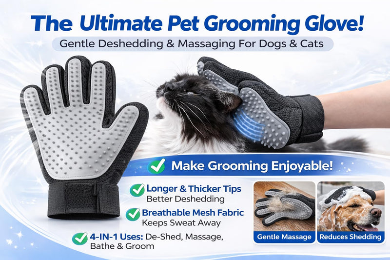 4-in-1 Pet Grooming & Washing Glove for Dogs and Cats, De-Shedding Massage Bathing Grooming Cat Hair Remover Glove with Longer Tips More Efficient (Right, Grey) - PawsPlanet Australia