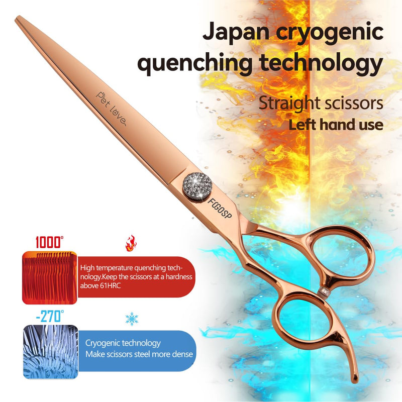 8'' Professional Left Handed Dog Grooming Scissors Straight Long Large Grooming Shears for Dogs Pet Rose Gold Titanium Japan 440C Right Handed Dog Hair Cutting Scissors for Poodle(8,Straight) 8.0‘’ Lefty Straigth 8 inch - PawsPlanet Australia