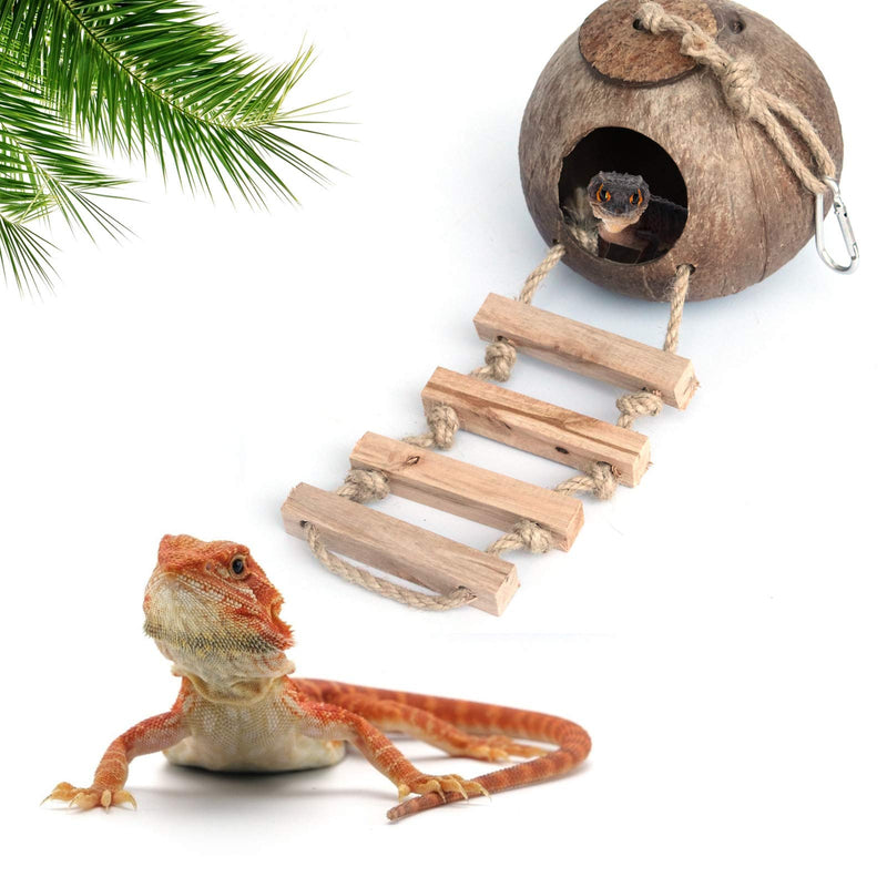 Gecko Coconut Husk Hut, Bird Hut Nesting House Hideouts Hanging Home, Treat & Food Dispenser, Durable Cave Habitat with Hanging Loop for Crested Gecko, Reptiles, Amphibians and Small Animals Coconut Husk Hut with Ladder