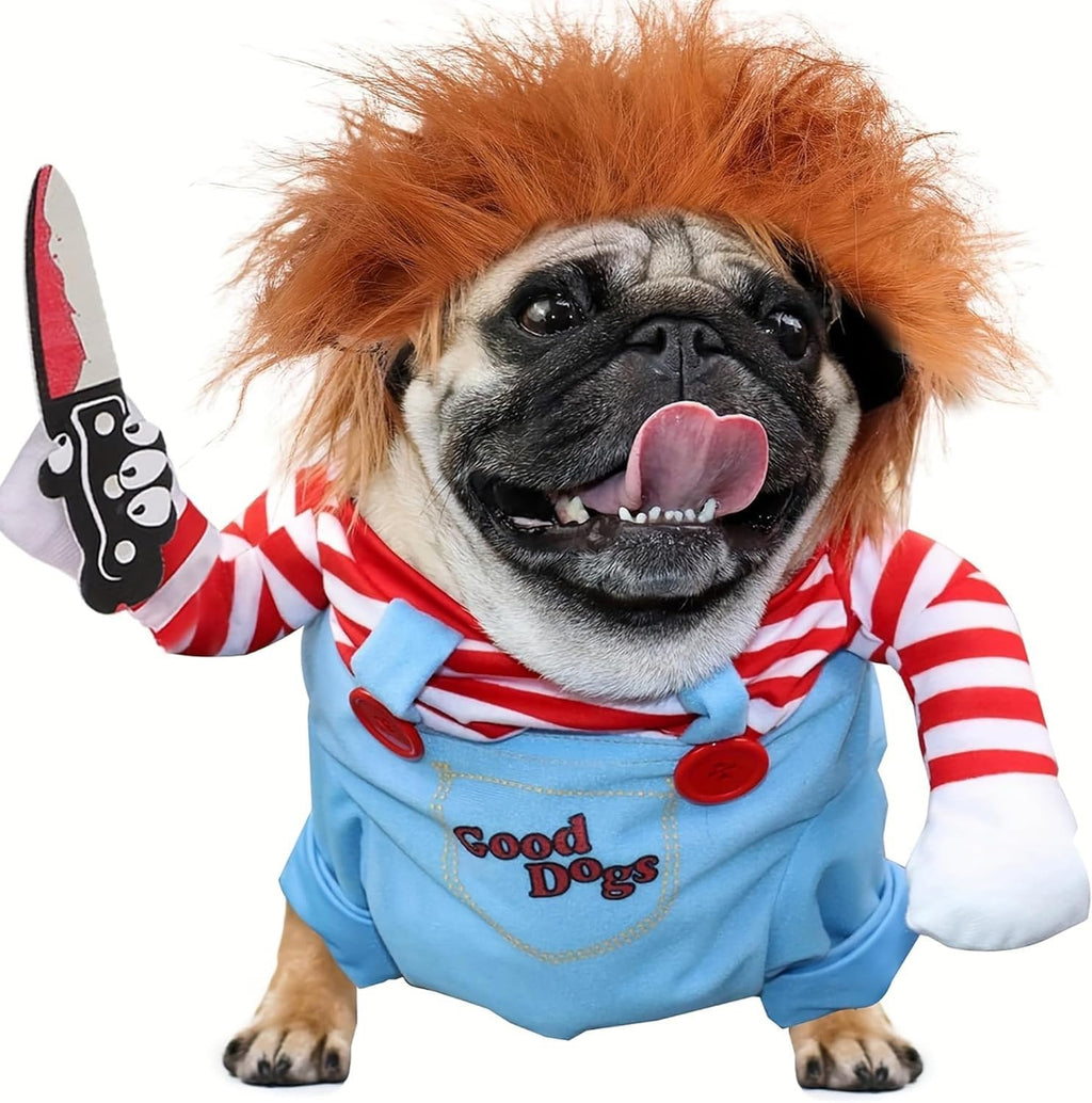 Pet Deadly Doll Dog Costume Scary Dog Costume Funny Dog Costume with Wig Fake Knife Adjustable Halloween Costumes for Small Medium Large Dogs