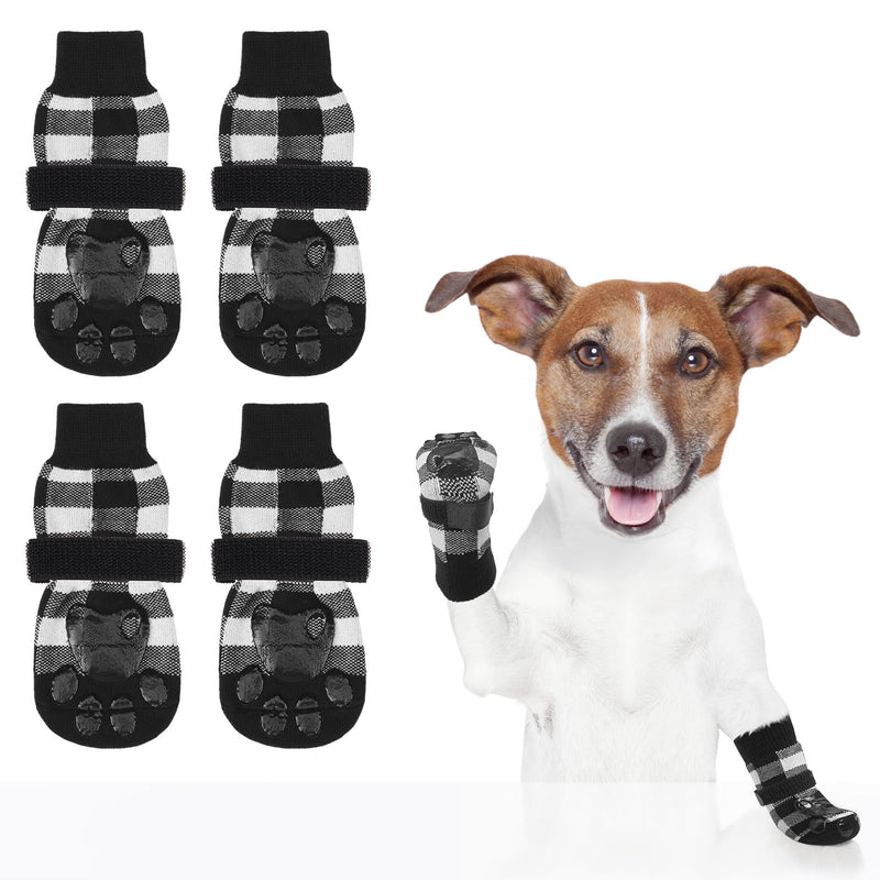 SCENEREAL Anti Slip Dog Socks for Hot/Cold Pavement, Double Sides Dog Boots & Paw Protectors to Prevent Licking Paws, Non Slip Anti Twist Small Medium Large Senior Dogs Socks for Hardwood Floors XS(Pack of 4) Plaid(Black & White)