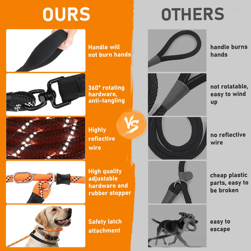 Slip Lead for Dogs, No Pull Training Leash with Double Comfortable Handles and Collar Attachment, Highly Reflective Strong Puppy Rope Leads for Medium Large Dog, Orange 13mm*1.8m - PawsPlanet Australia