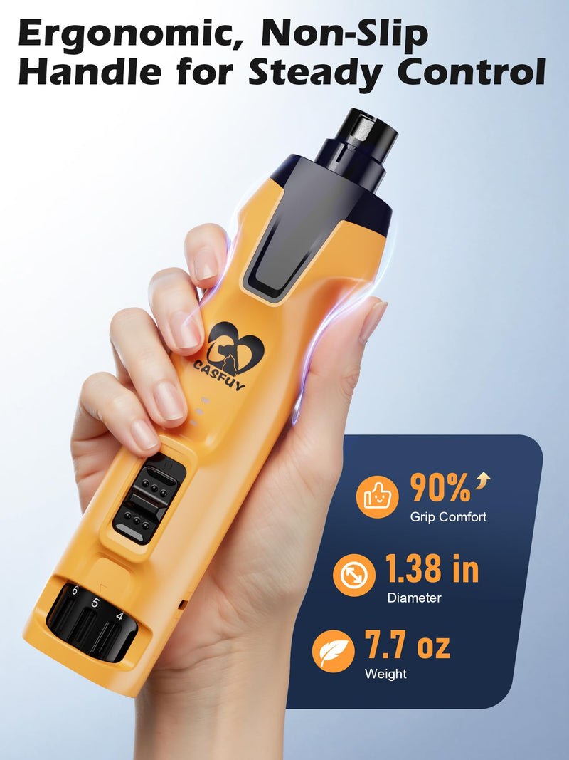 Casfuy 6-Speed Dog Nail Grinder – 50%+ Boost Power Dog Nail Trimmers Quiet with Dust Cap & 2 LED Lights & 2000mAh Battery & 4.8V Motor Electric Pet Toenail File Tool for Large Medium Small Dogs Cats Yellow - PawsPlanet Australia