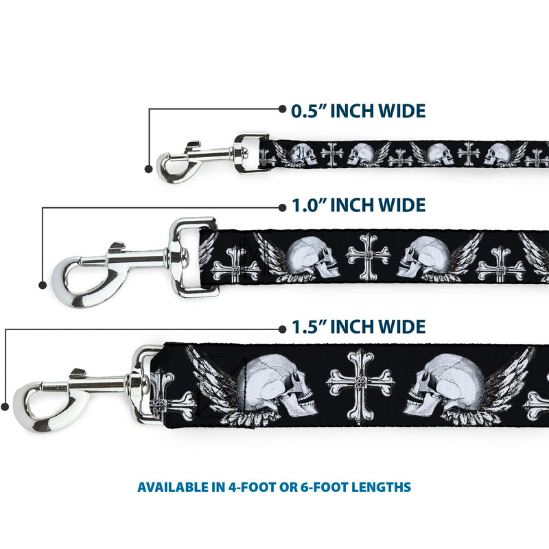 Buckle-Down Dog Leash Skulls Wings Black White 6 Feet Long 0.5 Inch Wide 6 Feet Long - 1/2" Wide - PawsPlanet Australia