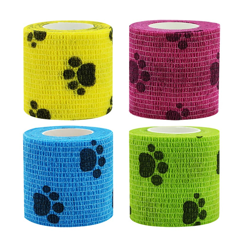 GSHLLO 4 Rolls Pet Vet Wrap Self Adhesive Bandage Cohesive Fixing Bandages Dog Paw Pattern Bandage Tattoo Grip Tape for Wrist Ankle