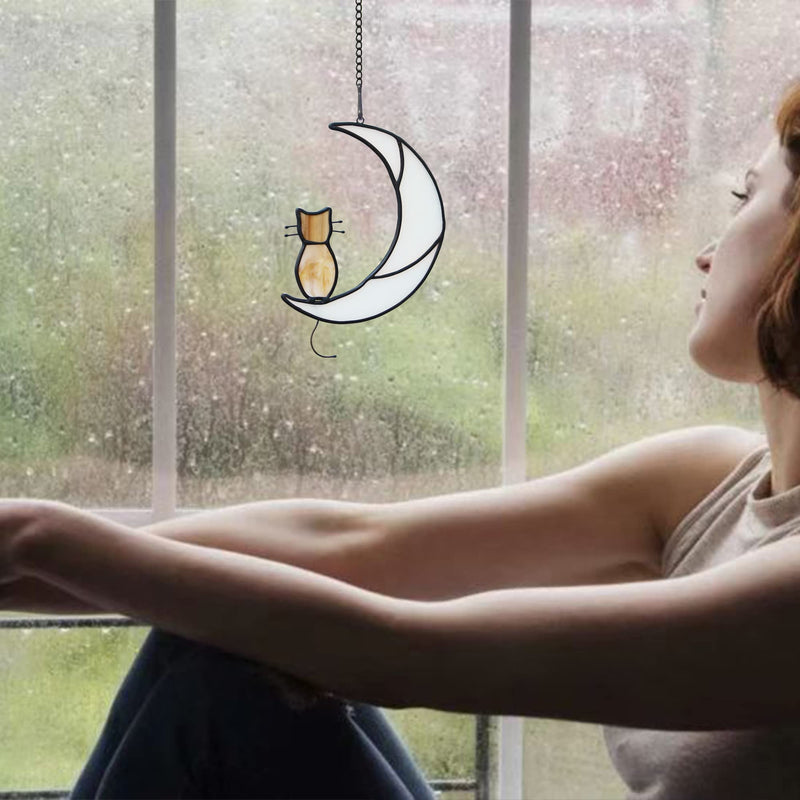 Orange Tabby Cat On Moon Stained Glass Window Hangings,Tabby Cat Decoration suncatcher Hanging Ornament Gift for Mom,Cat Memorial Gifts for Cat Lovers, Pet Loss Sympathy Gift (Yellow) Yellow - PawsPlanet Australia
