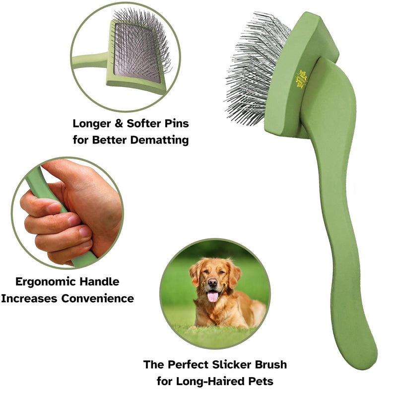 Dog Slicker Brush for Goldendoodle Labradoodle Poodle - Professional Grooming with Soft Long Stainless Steel Pins, Green, Large - PawsPlanet Australia