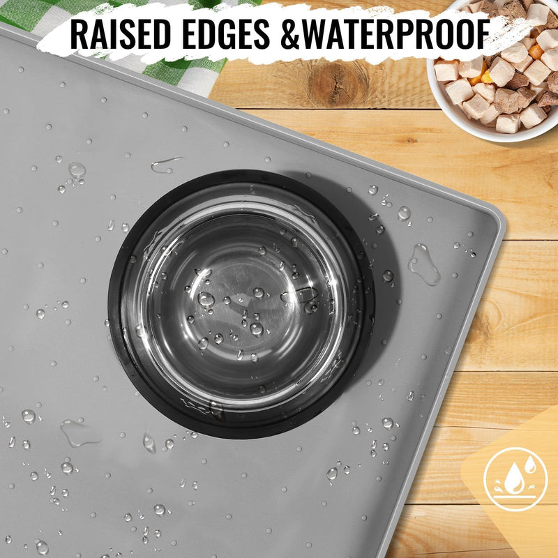 MateeyLife Dog & Cat Food Mat for Floors Waterproof, Nonslip Dog Bowl Mats for Food and Water, Dog Feeding Mats with Raised Edges, Silicone Dog Water Matt Tray for Messy Drinkers, 18"x12", Grey 18''×12'' Grey-1PC - PawsPlanet Australia