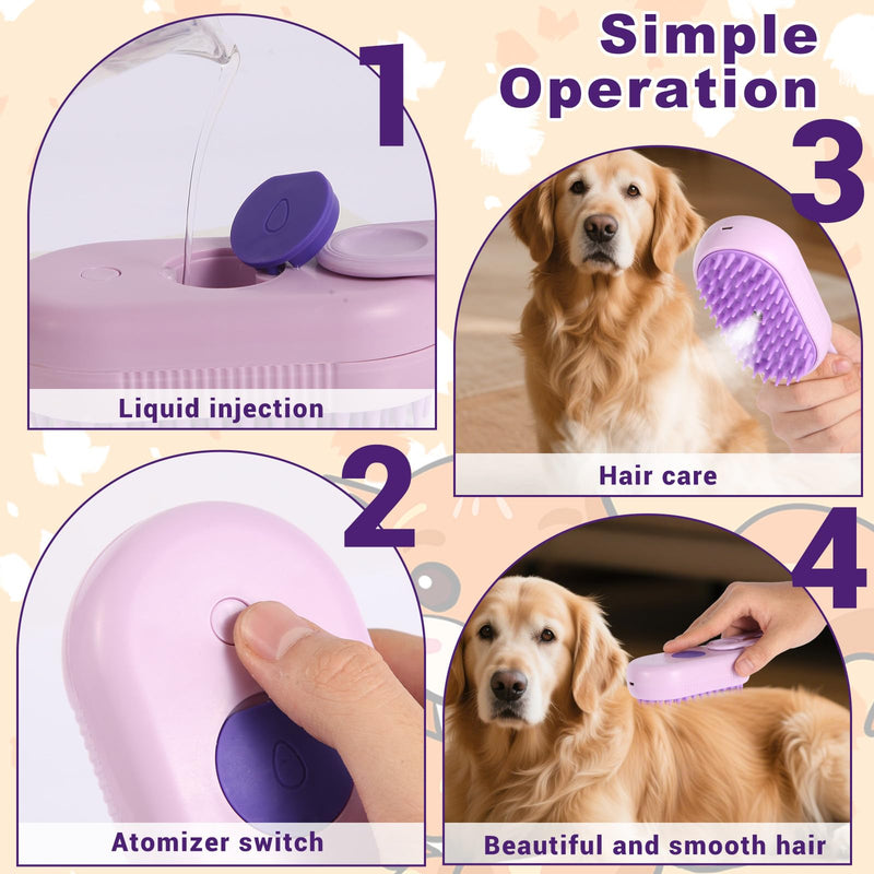 4-in-1 Pet Steam Brush for Dogs & Cats - Anti-Static Deshedding Grooming Tool with Massage & Cleaning for Long/Short Hair | Micro-B Rechargeable (Purple) - PawsPlanet Australia