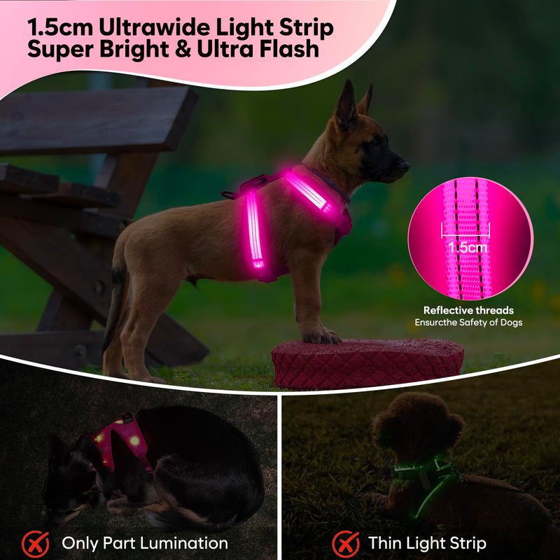 Light Up Small Dog Harness, LED Rechargeable Harness for Small Sized Dog, No Pull Reflective Adjustable Dog Vest Harness with Soft Light, Glow-in-The-Dark for Night Safety Walking (Pink) Pink - PawsPlanet Australia