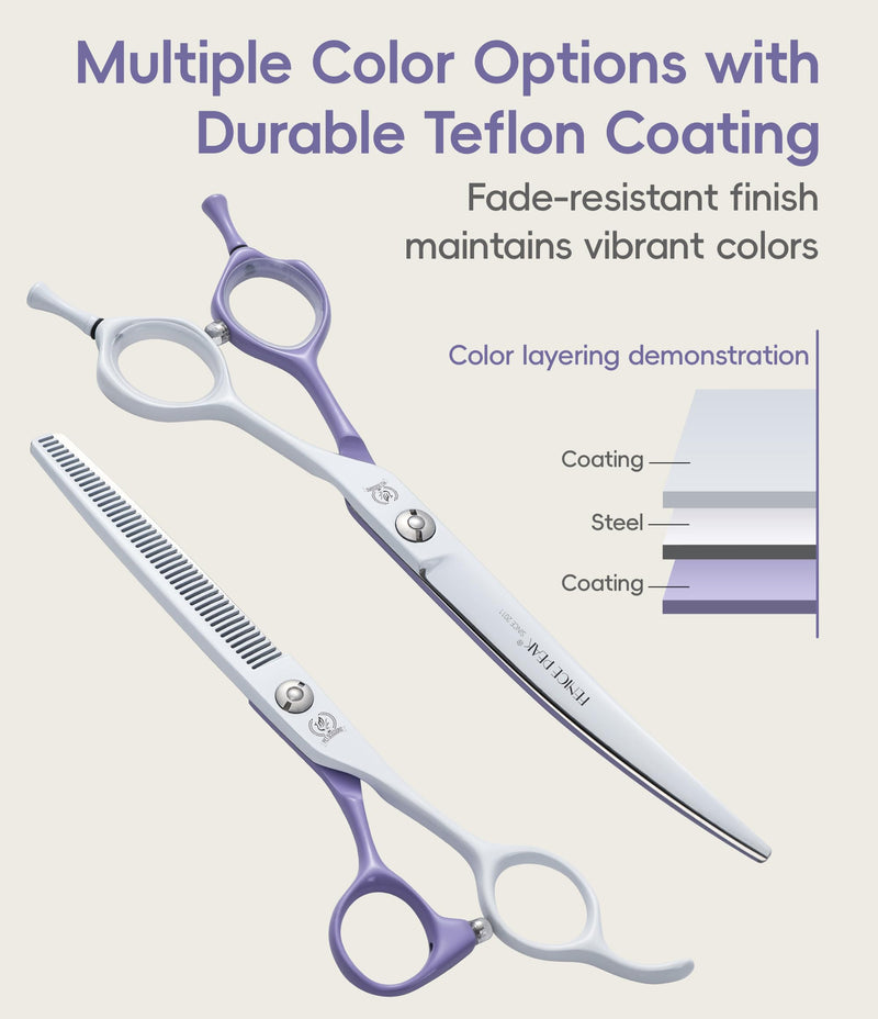 Fenice Peak 7" Curved Dog Grooming Scissors, Japanese 440C Stainless Steel, Professional Handcrafted Precision Cat Trimming Shears for Face, Body, Paws, Violet-White 7"Curved - PawsPlanet Australia