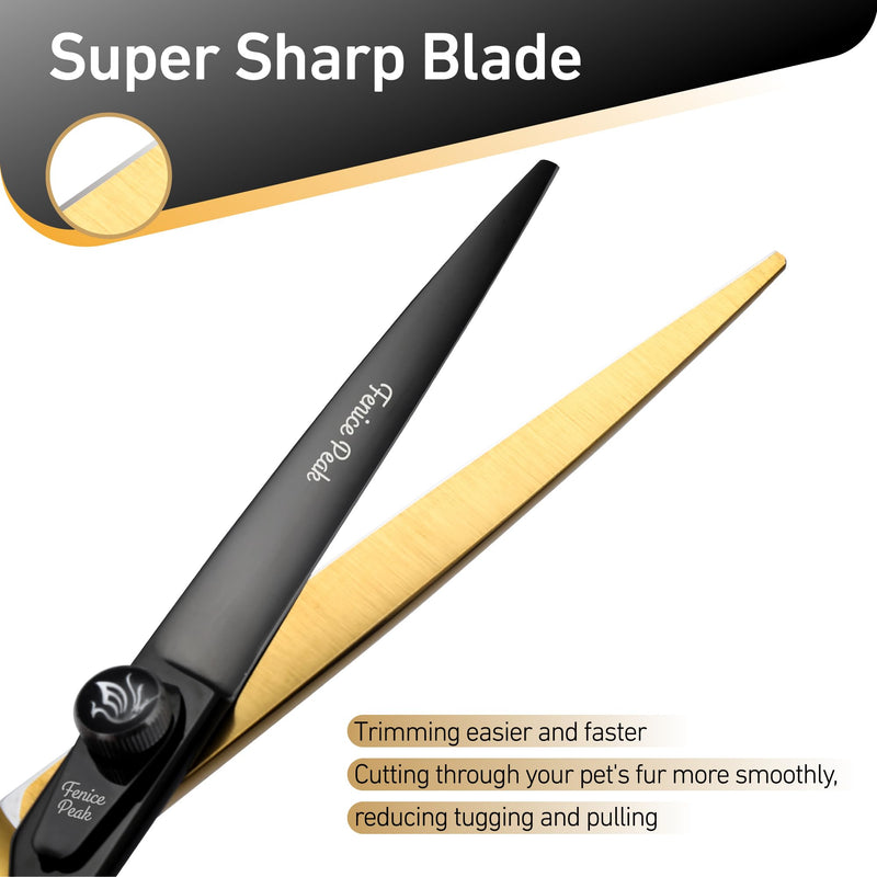 Fenice Peak 7'' Black Dog Grooming Scissors Goldern Straight Shears with Ergonomic Offest Handle and Pattern Screw Pet Grooming Trimming Shears Durable and Sharp 440C 7'' - PawsPlanet Australia