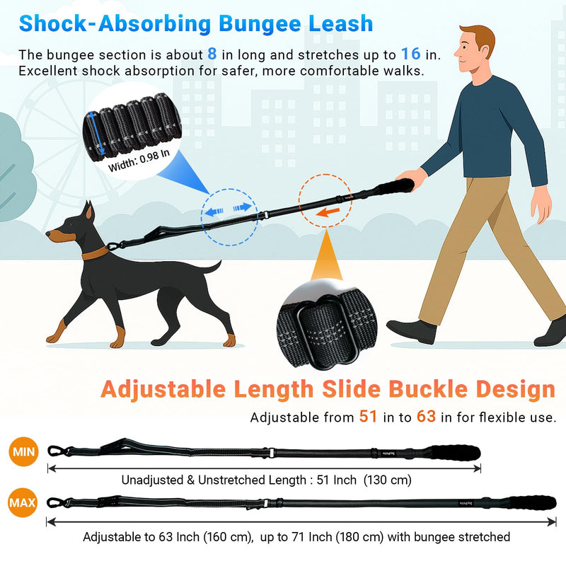 Tactical Heavy Duty Bungee Dog Leash for Medium & Large Dogs - Ultimate Control & Freedom with 4.3-5.2 FT Adjustable (Stretches to 6 FT), Dual Handle, Shock Absorbing, Reflective, Seatbelt Clip, Black - PawsPlanet Australia
