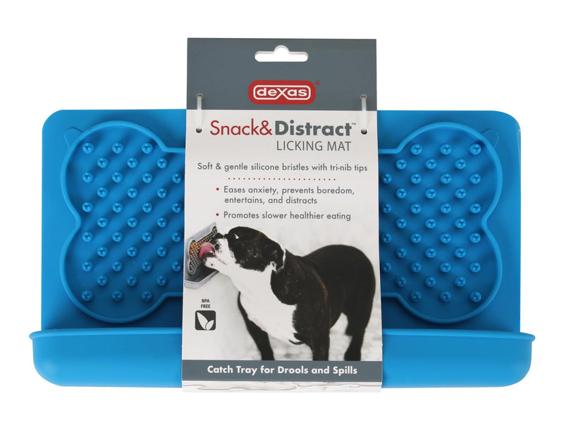 Dexas Snack & Distract Licking Mat with Catch Tray for Dogs and Cats-9.5"x 5.5", Pro Blue. Sticks to Most Slick or Smooth Surfaces. Eases Anxiety, Prevents Boredom, Entertains and Distracts. 9.5"x 5.5"