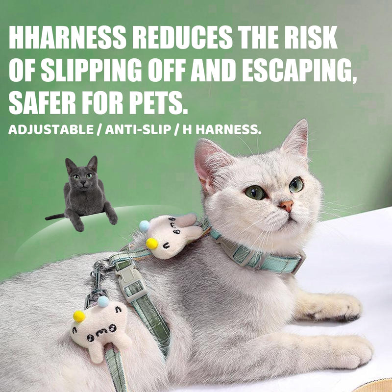 Escape Proof Cat Harness and Leash Set, H-Shape Soft Padding Vest, Adjustable Kitten Harness for Walking, No-Choke Design with Adorable Plush Decor(S/Green) S Green