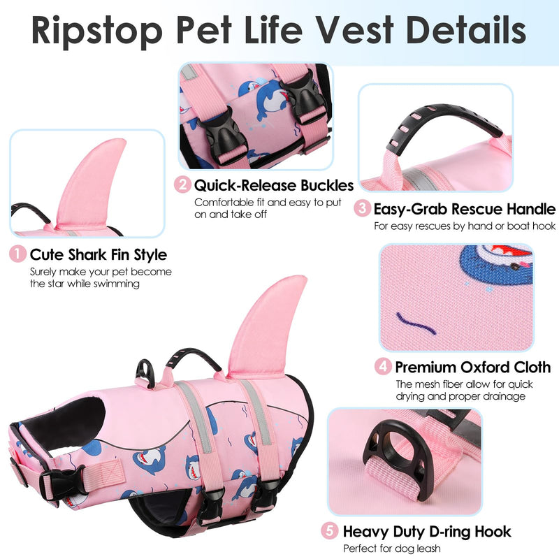 Dog Life Jacket, Large Dog Life Vest for Swimming Boating, Shark Life Jackets for Small Medium Large Dogs, Reflective Dog Lifesaver Life Preserver Swimsuit with Rescue Handle and High Buoyancy X-Large Pink Dophin Shark - PawsPlanet Australia