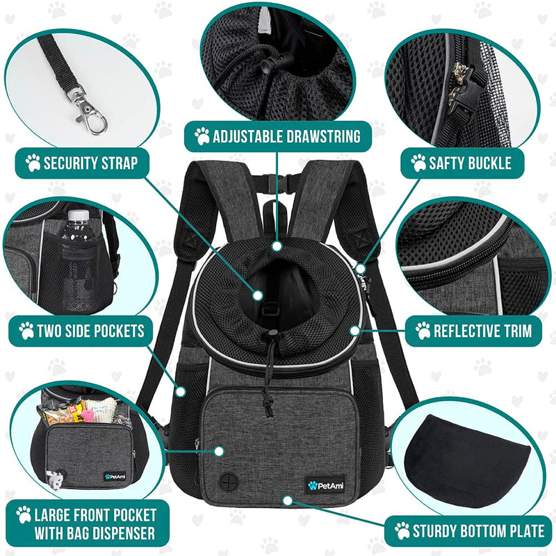 PetAmi Adjustable Dog & Cat Chest Carrier Backpack, Ventilated for Hiking & Camping, Small to Large Pets, Max 10 lbs, Dark Gray Medium (15x8x15.5) - PawsPlanet Australia