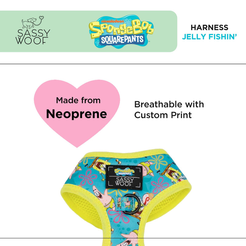 Sassy Woof Dog Adjustable Harness - Spongebob Squarepants™ Jelly Fishin' - XS, Breathable Mesh, No Pull Design with Two D-Rings, Patented Design, Perfect for Small Dogs - Officially Licensed X-Small