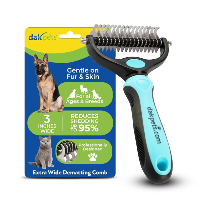 DakPets Pet Grooming Brush. Extra Wide, Double Sided Dematting Undercoat Rake for Dogs and Cats. Reduce Dog and Cat Shedding by 95%, Blue