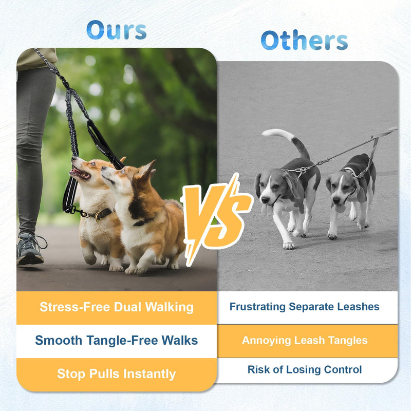 Double Dogs Leash - Removable Main Lead Rope with Splitter, No Tangle 2 Dog Coupler, Reflective No Pull Bungee, 3 Handle, D-Ring, Extra Long for Walk Train Medium Large Two Pet (Black) Black - PawsPlanet Australia