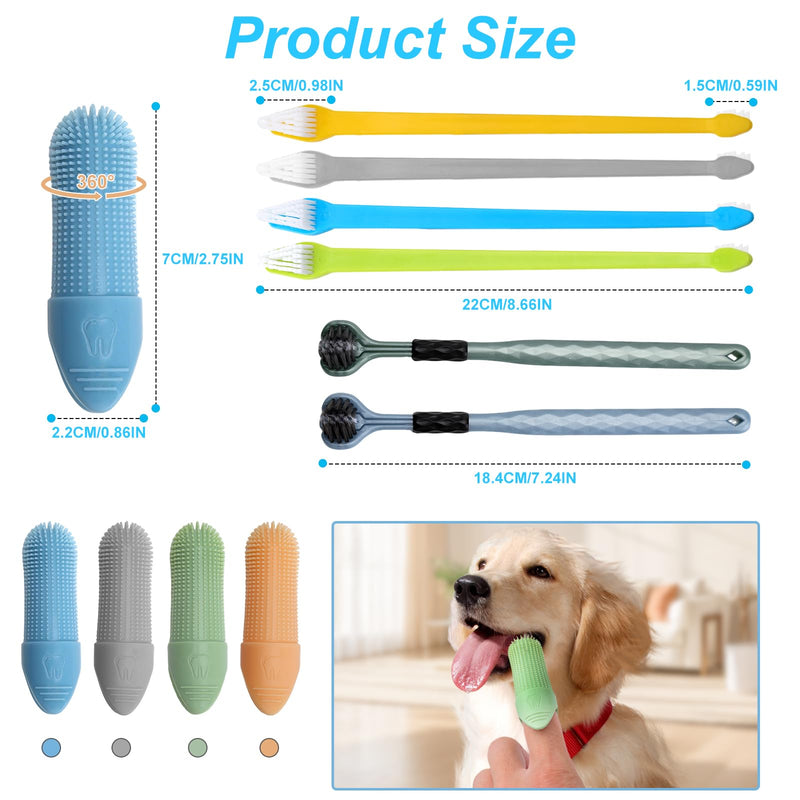 Set of 10 Dog Toothbrushes, 4 Finger Cots Dog Dental Care, 2 Triple Dog Toothbrushes, 4 Double Head Toothbrush for Dogs and Cats, Teeth Cleaning & Halitosis Reducing