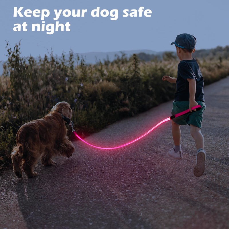 LED Dog Leash with Light - 4 Feet, Rechargeable, Nylon Webbing, Glow Safety Standard Dog Leash (Pink) Pink - PawsPlanet Australia