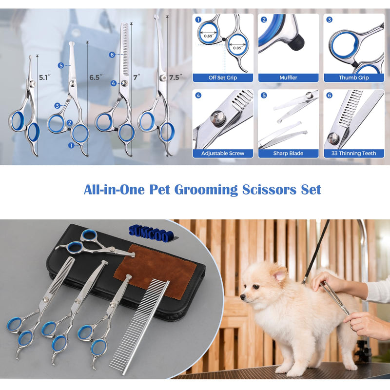 Dog Grooming Scissors Kit with Safety Round Tips, SUMCOO 6 in 1 Professional Dog Scissors Pet Grooming Trimmer Kit -Thinning Shears Straight & Curved Scissors with Comb for Dogs and Cats Blue Set of 5 - PawsPlanet Australia
