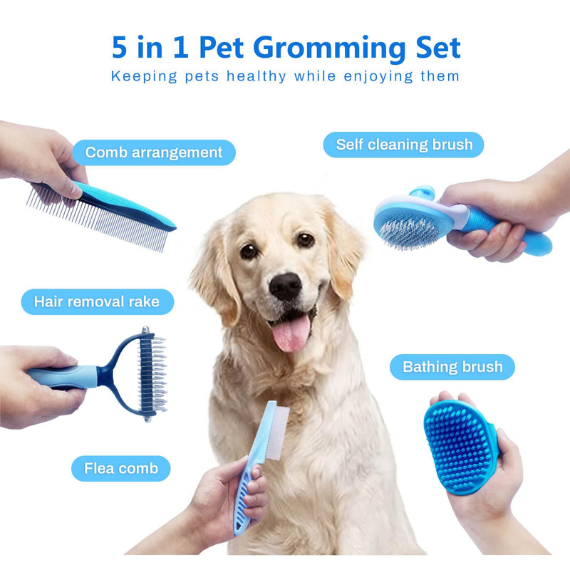 5-in-1 Grooming Kit - Supplies for Short and Long Hair Dogs, Bath Brush, Dematting Rake and Comb (Set of 5, Blue) Set of 5 - PawsPlanet Australia