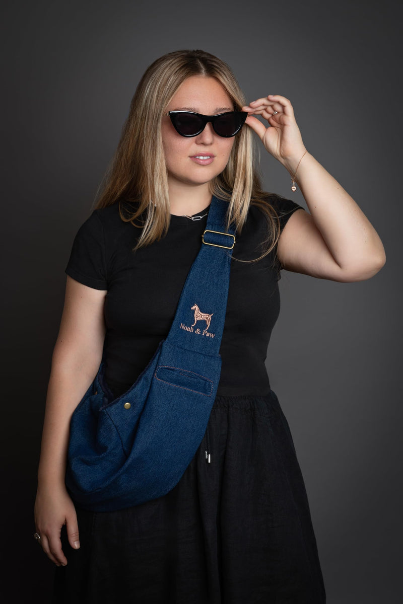 Noah & Paw Dog Sling Carrier for Small Dogs 3-10lb, Dog Sling for Small Dogs and Cats, Dog Carrier with Adjustable Padded Strap, Premium Denim, Lined with Fur, Double Safety Feature, Machine Washable Dark Blue 46 cm L x 20 cm W x 17 cm H