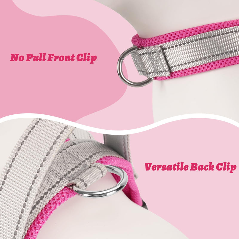 Escape Proof Dog Harness, No-Pull No Choke Soft Padded Breathable Lightweight Mesh Dog Harness for Small Dogs, Reflective Adjustable Pet Vest with Front Clip, Pink/Gray, S - PawsPlanet Australia